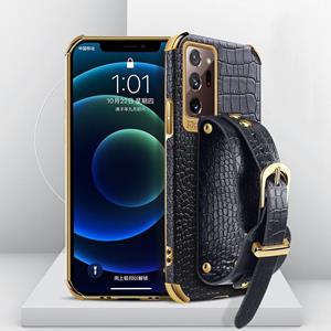 huismerk Voor Samsung Galaxy Note20 Ultra gegalvaniseerde TPU krokodil patroon lederen hoesje met polsband (zwart)