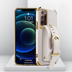 huismerk Voor Samsung Galaxy Note20 Ultra gegalvaniseerde TPU krokodillenpatroon lederen hoesje met polsband (wit)