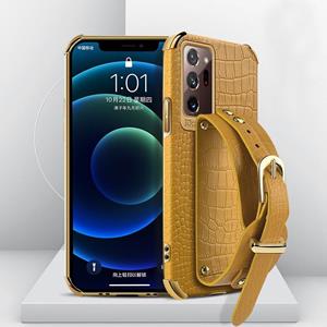 huismerk Voor Samsung Galaxy Note20 Ultra gegalvaniseerde TPU krokodil patroon lederen hoesje met polsband (geel)