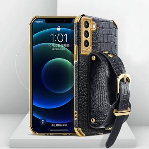 huismerk Voor Samsung Galaxy S21 Plus gegalvaniseerde TPU krokodillenpatroon lederen hoesje met polsband (zwart)