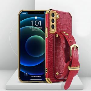 huismerk Voor Samsung Galaxy S21 Plus gegalvaniseerde TPU krokodillenpatroon lederen hoesje met polsband (rood)