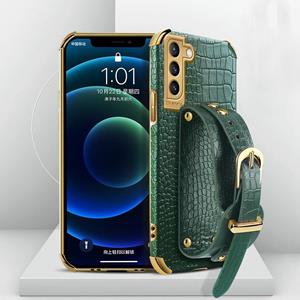 huismerk Voor Samsung Galaxy S21 Plus gegalvaniseerde TPU krokodillenpatroon lederen hoesje met polsband (groen)