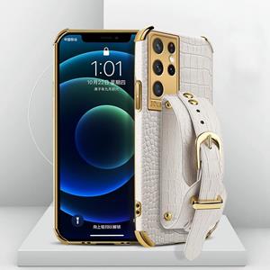 huismerk Voor Samsung Galaxy S21 Ultra gegalvaniseerde TPU krokodillenpatroon lederen hoesje met polsband (wit)