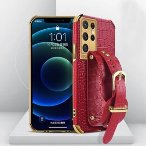 huismerk Voor Samsung Galaxy S21 Ultra gegalvaniseerde TPU krokodillenpatroon lederen hoesje met polsband (rood)