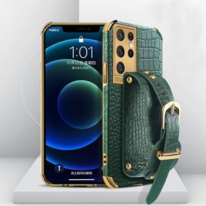 huismerk Voor Samsung Galaxy S21 Ultra gegalvaniseerde TPU krokodillenpatroon lederen hoesje met polsband (groen)