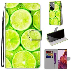 huismerk Voor Samsung Galaxy S21 Ultra Gekleurde tekening Kruistextuur Horizontale Flip PU Lederen kast met Holder & Card Slots & Wallet & Lanyard(Lime)