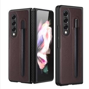 huismerk Voor Samsung Galaxy Z Fold3 5G Litchi Textuur Scharnier Bescherming Vouwen Telefoonhoes met Pen Cover (Brown)