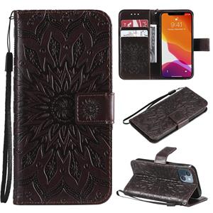 huismerk Pressed Printing Sunflower Pattern Horizontal Flip PU Leather Case Holder & Card Slots & Wallet & Lanyard For iPhone 13 mini(Brown)