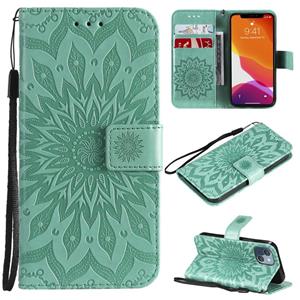 huismerk Pressed Printing Sunflower Pattern Horizontal Flip PU Leather Case Holder & Card Slots & Wallet & Lanyard For iPhone 13 mini(Green)