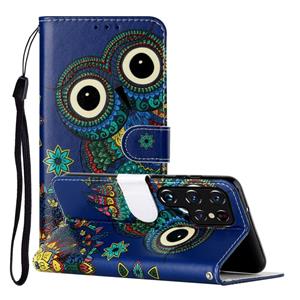 huismerk Voor Samsung Galaxy S22 Ultra 5G olie reliëf patroon PU lederen telefoonhoes (blauwe uil)