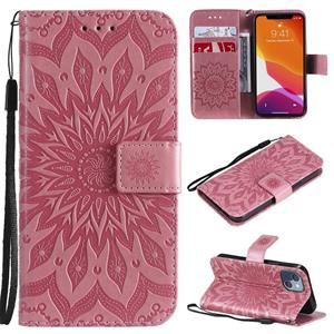 huismerk Pressed Printing Sunflower Pattern Horizontal Flip PU Lederen Case Holder & Card Slots & Wallet & Lanyard voor iPhone 13 Mini (Pink)