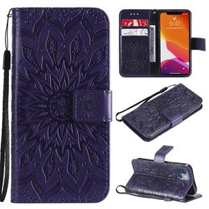 huismerk Pressed Printing Sunflower Pattern Horizontale Flip PU Lederen Case Holder & Card Slots & Portemonnee & Lanyard voor iPhone 13 Mini (Paars)