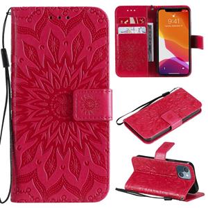 huismerk Geperste afdrukken zonnebloem patroon horizontale flip PU lederen hoesje houder kaart slots & portemonnee & lanyard voor iPhone 13 mini (rood)