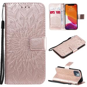 huismerk Pressed Printing Sunflower Pattern Horizontal Flip PU Leather Case Holder & Card Slots & Wallet & Lanyard For iPhone 13 mini(Rose Gold)