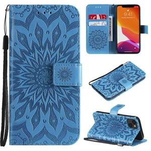 huismerk Pressed Printing Sunflower Pattern Horizontal Flip PU Leather Case Holder & Card Slots & Wallet & Lanyard For iPhone 13(Blue)