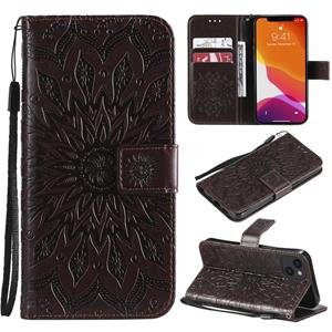 huismerk Pressed Printing Sunflower Pattern Horizontal Flip PU Leather Case Holder & Card Slots & Wallet & Lanyard For iPhone 13(Brown)