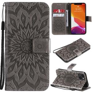 huismerk Pressed Printing Sunflower Pattern Horizontal Flip PU Leather Case Holder & Card Slots & Wallet & Lanyard For iPhone 13(Grey)