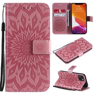 huismerk Pressed Printing Sunflower Pattern Horizontal Flip PU Lederen Case Holder & Card Slots & Wallet & Lanyard voor iPhone 13 (Pink)