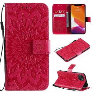 huismerk Geperste afdrukken zonnebloem patroon horizontale flip PU lederen hoesje houder kaart slots & portemonnee & lanyard voor iPhone 13 (rood)