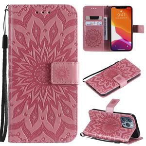 huismerk Pressed Printing Sunflower Pattern Horizontal Flip PU Lederen Case Holder & Card Slots & Wallet & Lanyard voor iPhone 13 Pro (Pink)