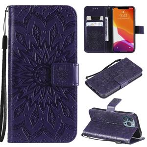 huismerk Pressed Printing Sunflower Pattern Horizontale Flip PU Lederen Case Holder & Card Slots & Wallet & Lanyard voor iPhone 13 Pro (Purple)