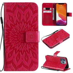 huismerk Geperste afdrukken zonnebloem patroon horizontale flip PU lederen hoesje houder kaart slots & portemonnee &lanyard voor iPhone 13 Pro (rood)