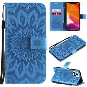 huismerk Pressed Printing Sunflower Pattern Horizontal Flip PU Leather Case Holder & Card Slots & Wallet & Lanyard For iPhone 13 Pro Max(Blue)