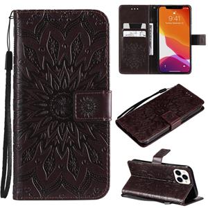 huismerk Pressed Printing Sunflower Pattern Horizontal Flip PU Leather Case Holder & Card Slots & Wallet & Lanyard For iPhone 13 Pro Max(Brown)