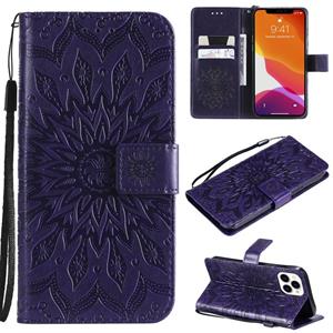 huismerk Pressed Printing Sunflower Pattern Horizontal Flip PU Lederen Case Holder & Card Slots & Wallet & Lanyard voor iPhone 13 Pro Max (Paars)