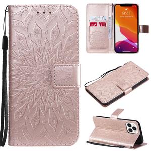 huismerk Pressed Printing Sunflower Pattern Horizontal Flip PU Leather Case Holder & Card Slots & Wallet & Lanyard For iPhone 13 Pro Max(Rose Gold)