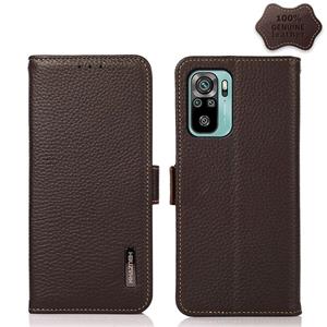 huismerk Voor Xiaomi Redmi Note 10 4G Khazneh Side-Magnetic Litchi Echt leer RFID-telefooncase (Brown)