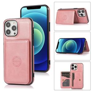 huismerk Kalfstructuur Magnetische kaartzak PU Shockproof Case met Houder & Card Slot voor iPhone 13 Pro (Rose Gold)