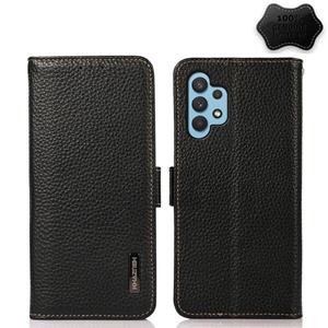 huismerk For Samsung Galaxy A32 5G KHAZNEH Side-Magnetic Litchi Genuine Leather RFID Phone Case(Black)