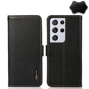 huismerk For Samsung Galaxy S21 Ultra 5G KHAZNEH Side-Magnetic Litchi Genuine Leather RFID Phone Case(Black)