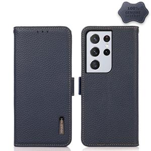 huismerk For Samsung Galaxy S21 Ultra 5G KHAZNEH Side-Magnetic Litchi Genuine Leather RFID Phone Case(Blue)