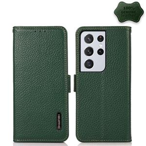 huismerk For Samsung Galaxy S21 Ultra 5G KHAZNEH Side-Magnetic Litchi Genuine Leather RFID Phone Case(Green)