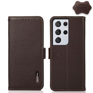 huismerk Voor Samsung Galaxy S21 Ultra 5G Khazneh Side-Magnetic Litchi Echt leer RFID-telefoonhoes (Brown)