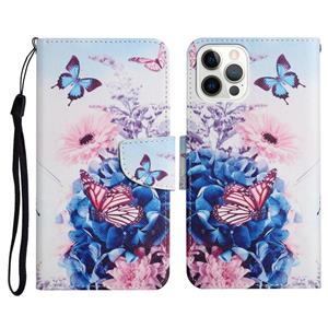 huismerk Geschilderd Patroon Horizontale Flip Lederen Case met Houder & Card Slot & Portemonnee voor iPhone 13 Pro Max (Purple Butterfly)