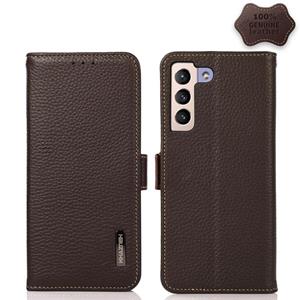 huismerk Voor Samsung Galaxy S22 + 5G Khazneh Side-Magnetic Litchi Echt leer RFID-telefoonhoesje (Brown)