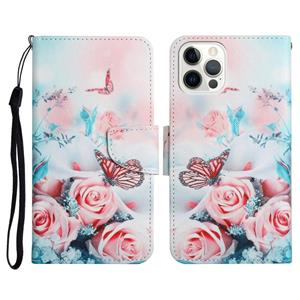 huismerk Geschilderd Patroon Horizontale Flip Lederen Case met Houder & Card Slot & Portemonnee voor iPhone 13 Pro Max (Peony Butterfly)