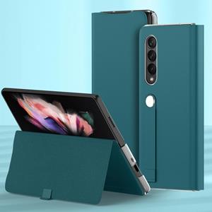 huismerk For Samsung Galaxy Z Fold3 5G Plain Leather Horizontal Flip Leather Case with Holder(Cyan Blue)