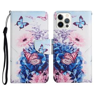 huismerk Geschilderde Patroon Horizontale Flip Lederen Case met Houder & Card Slot & Portemonnee voor iPhone 13 Pro (Purple Butterfly)