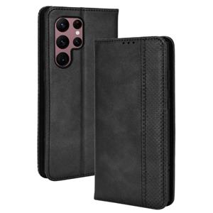 huismerk For Samsung Galaxy S22 Ultra 5G Magnetic Buckle Retro Texture Leather Phone Case(Black)