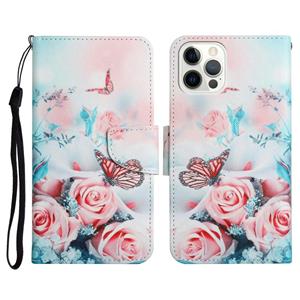 huismerk Geschilderde Patroon Horizontale Flip Lederen Case met Houder & Card Slot & Portemonnee voor iPhone 13 Pro (Peony Butterfly)