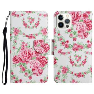 huismerk Geschilderde Patroon Horizontale Flip Lederen Case met Houder & Card Slot & Portemonnee voor iPhone 13 Pro (Rose Flower)