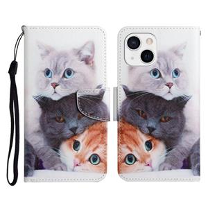 huismerk Geschilderde Patroon Horizontale Flip Lederen Case met Houder & Card Slot & Portemonnee voor iPhone 13 (Drie Katten)