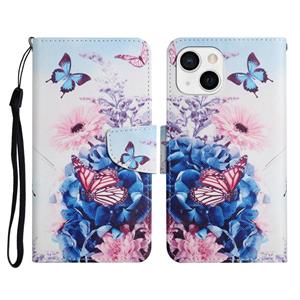 huismerk Geschilderd Patroon Horizontale Flip Lederen Case met Houder & Card Slot & Portemonnee voor iPhone 13 (Purple Butterfly)