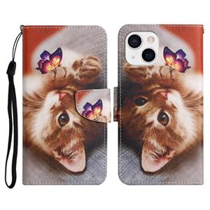 huismerk Geschilderd Patroon Horizontale Flip Lederen Case met Houder & Card Slot & Portemonnee voor iPhone 13 (Butterfly Cat)