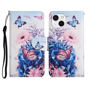 huismerk Geschilderd Patroon Horizontale Flip Lederen Case met Houder & Card Slot & Portemonnee voor iPhone 13 Mini (Purple Butterfly)