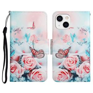 huismerk Geschilderde Patroon Horizontale Flip Lederen Case met Houder & Card Slot & Portemonnee voor iPhone 13 Mini (Peony Butterfly)